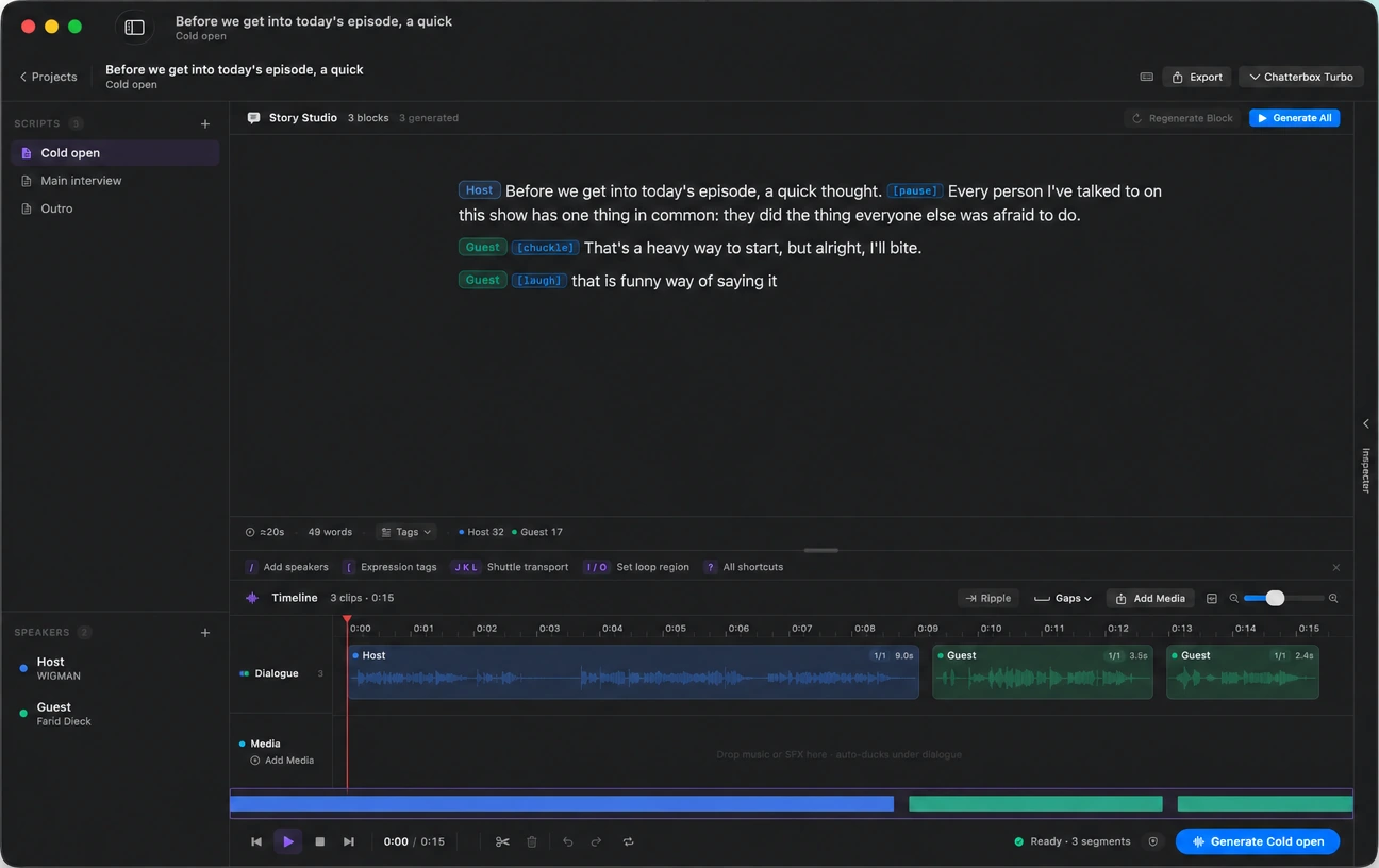 Murmur Projects on Mac: a podcast script, Host and Guest voices, and generated dialogue clips on the timeline.