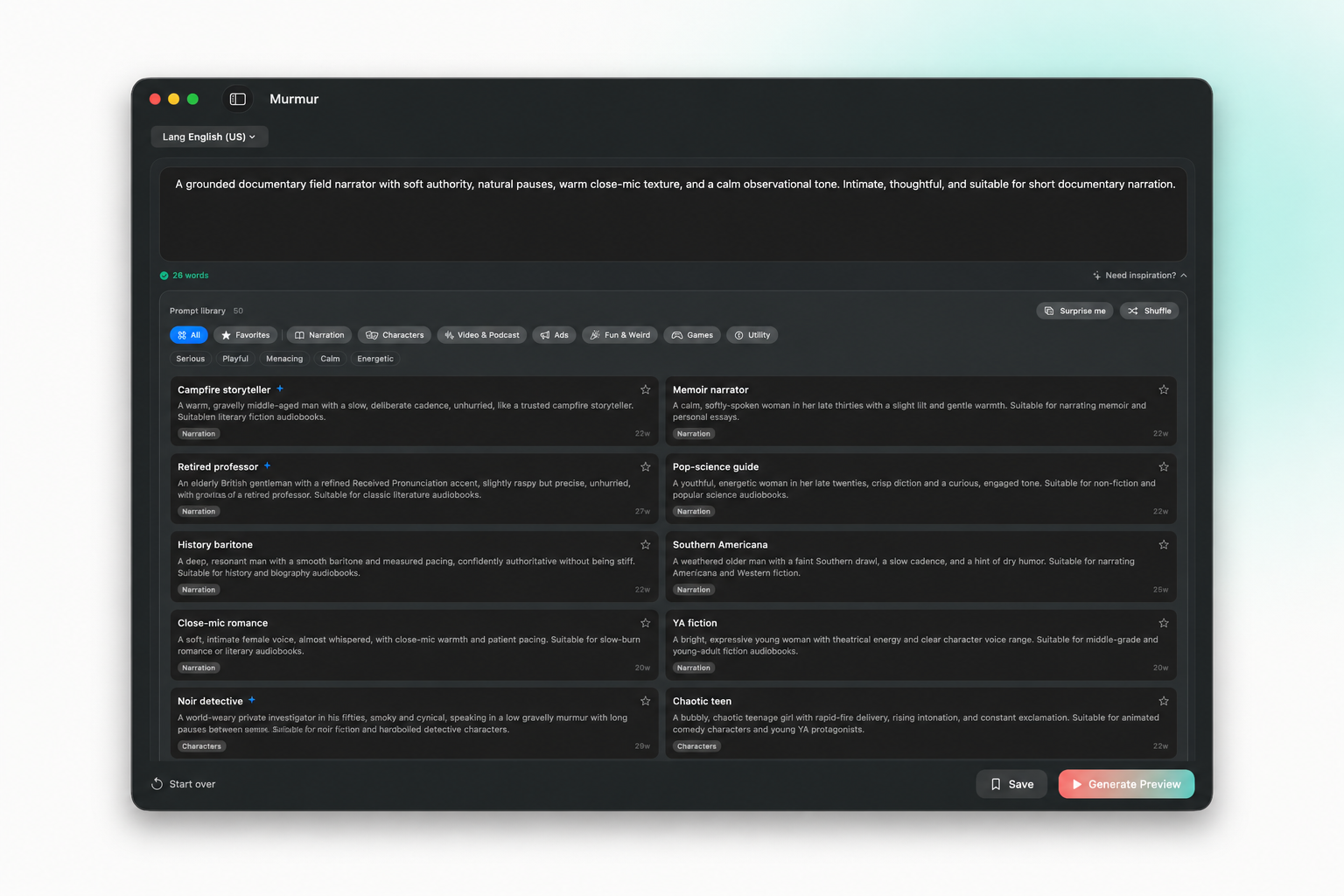Murmur Voice Design screen — describe a voice and save it as a reusable local voice