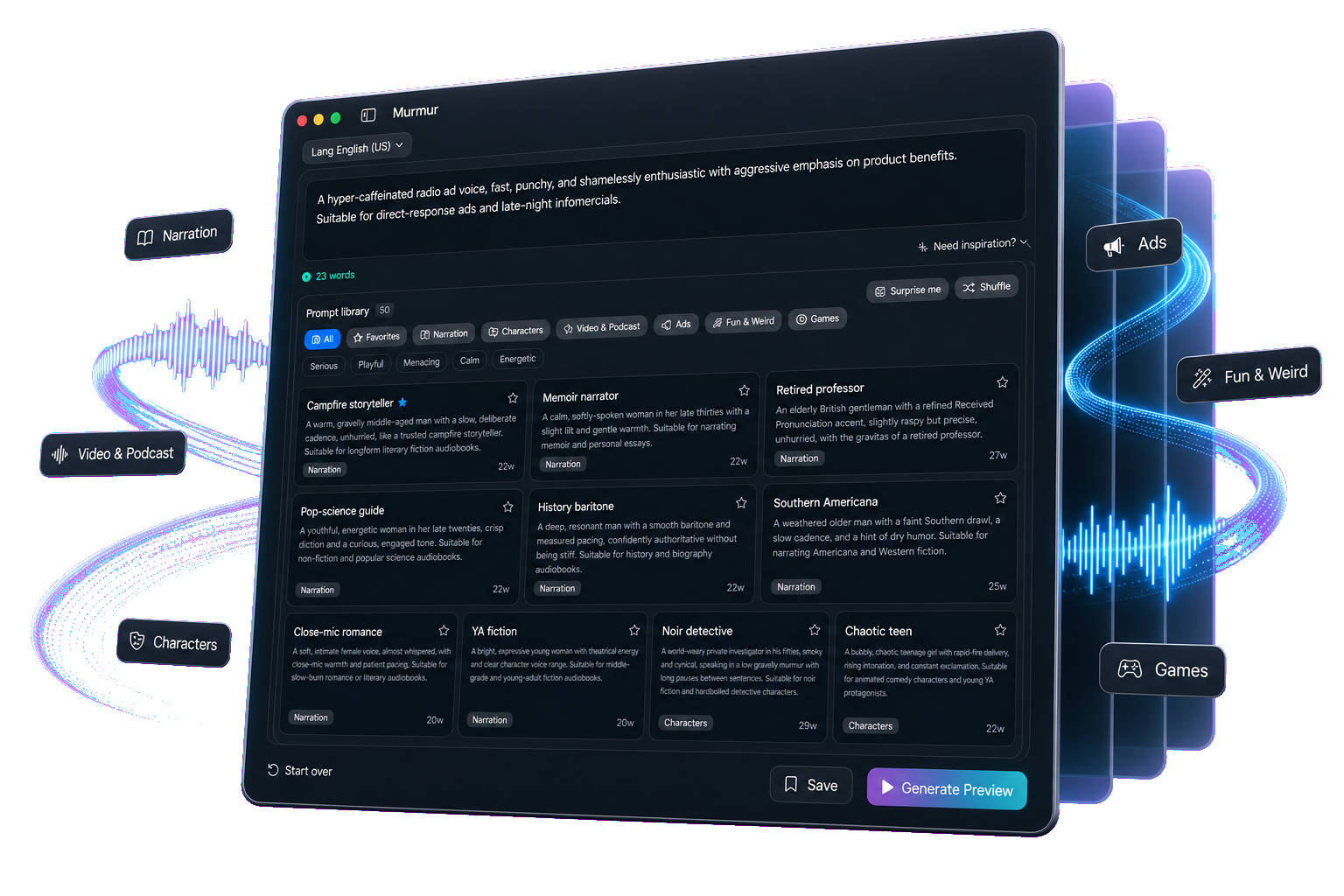 Murmur Voice Design prompt library screen