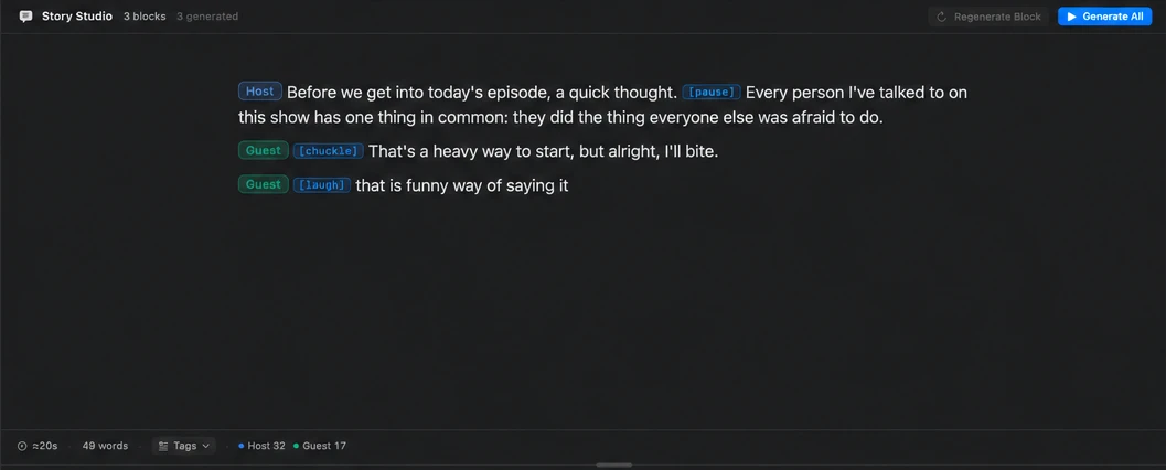 Real Murmur script editor with Host and Guest speaker labels and inline pause, chuckle, and laugh tags.